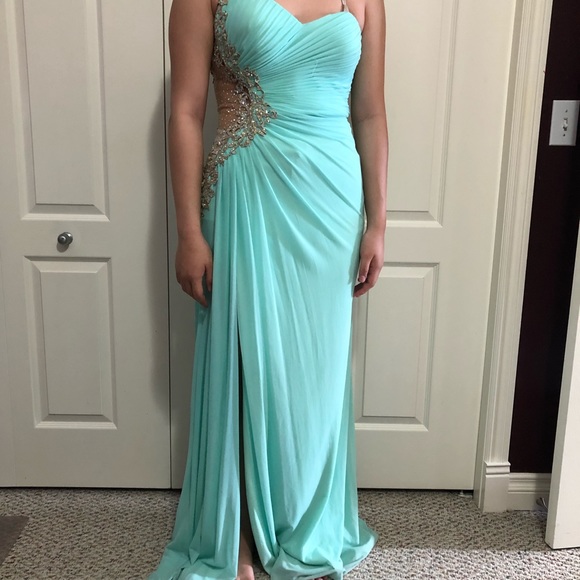 TEAL ONE SHOULDER SLIT DRESS - Picture 2 of 8